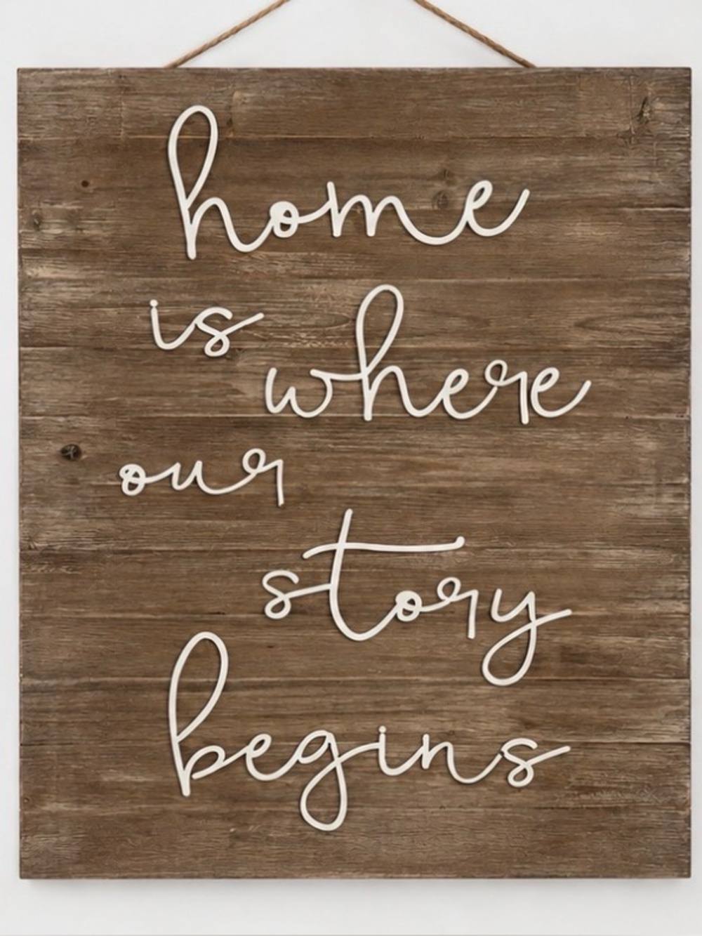 Rustic Brown Wood Wall Sign with White Script - Home Is Where Our Story Begins